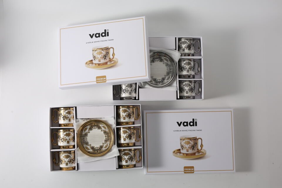 Desenli Porselen Kahve Fincanı Takımı 6 Kişilik Gold