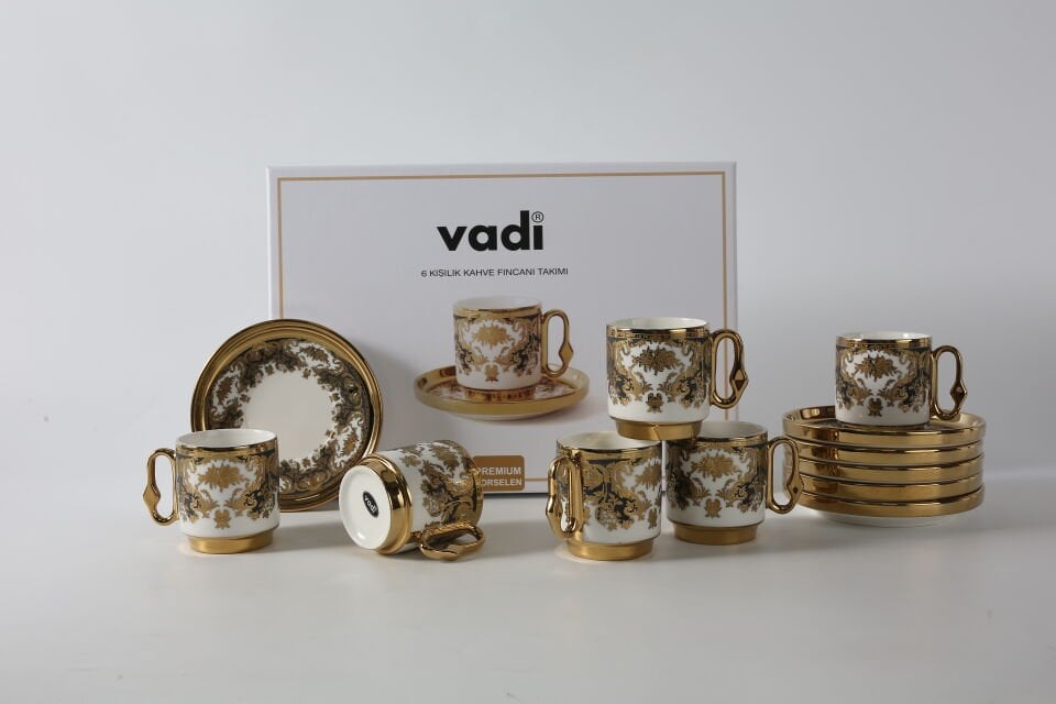 Desenli Porselen Kahve Fincanı Takımı 6 Kişilik Gold