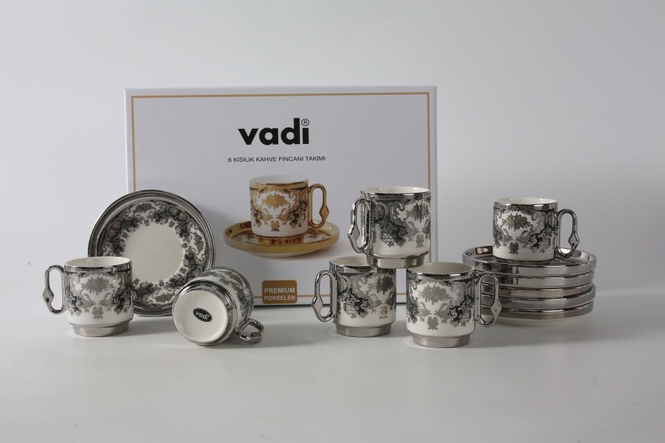 Desenli Porselen Kahve Fincanı Takımı 6 Kişilik Gold