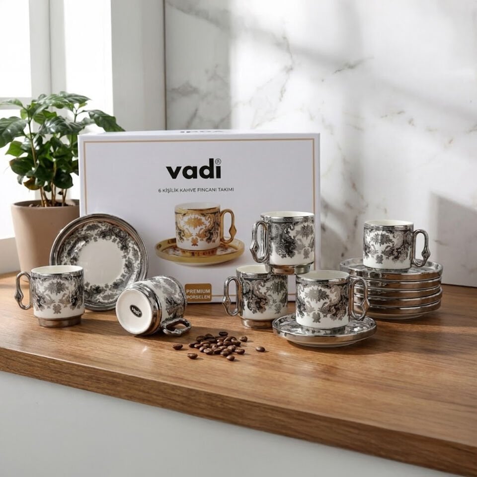 Desenli Porselen Kahve Fincanı Takımı 6 Kişilik Gold