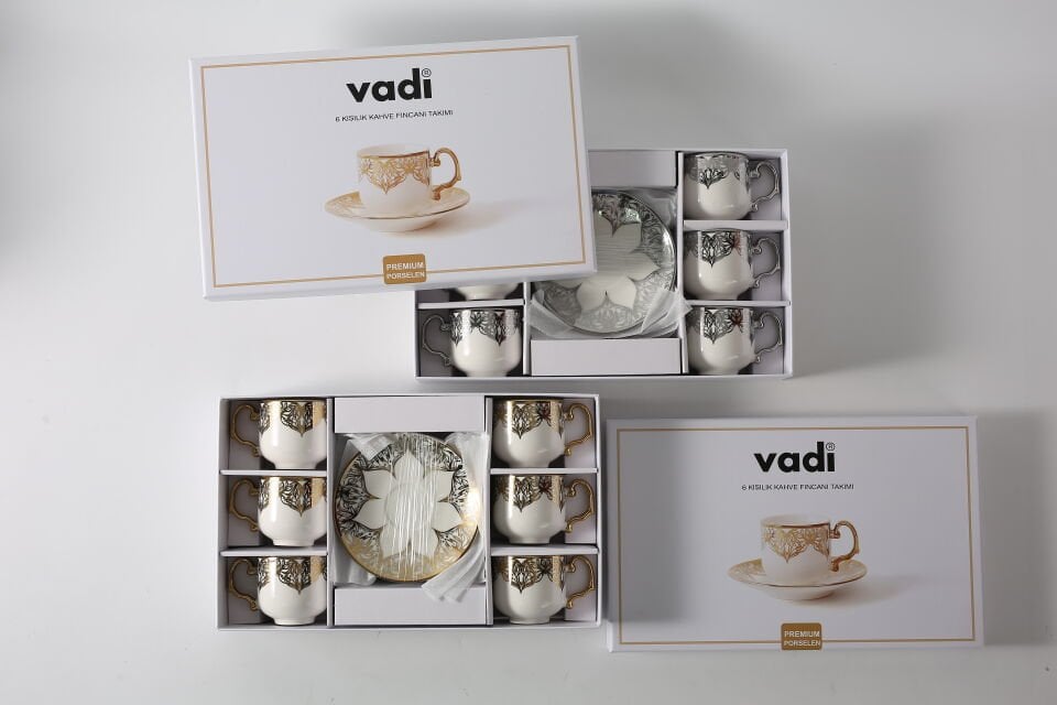Desenli Porselen Kahve Fincanı Takımı 6 Kişilik Gold