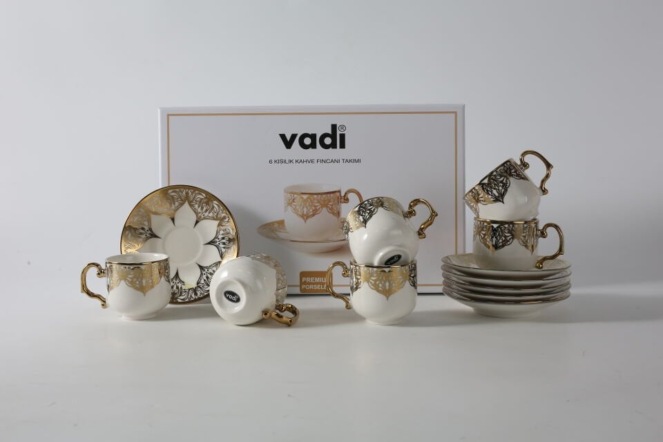 Desenli Porselen Kahve Fincanı Takımı 6 Kişilik Gümüş
