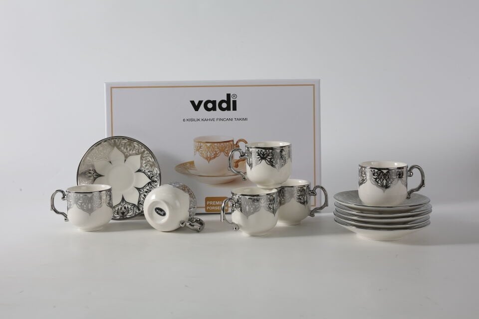 Desenli Porselen Kahve Fincanı Takımı 6 Kişilik Gümüş
