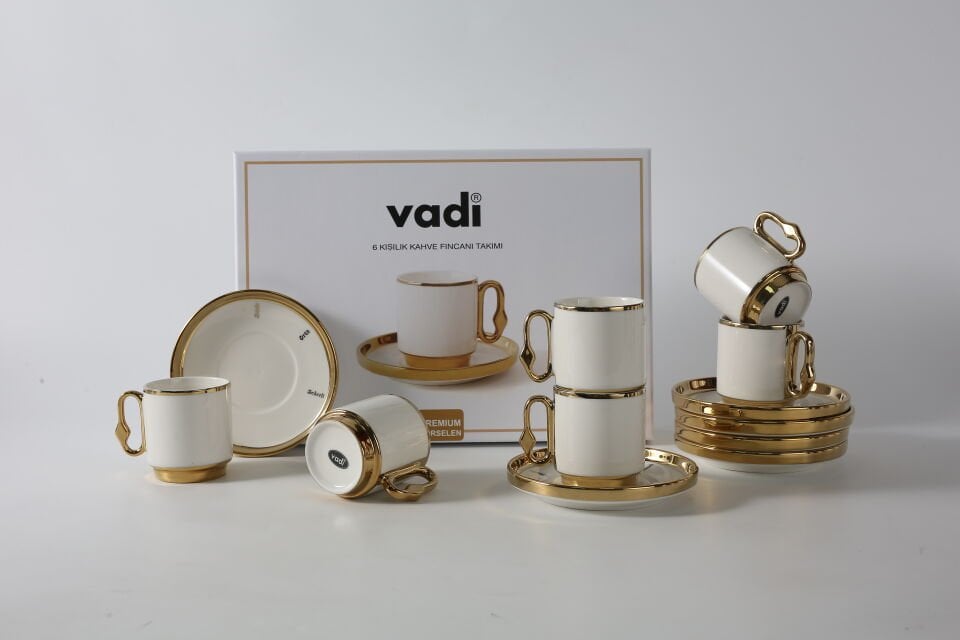 Modern Tasarımlı Porselen Kahve Fincan Seti 6 Kişilik Gold