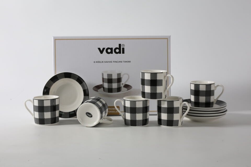 Oregon Siyah Beyaz Çizgili Porselen Kahve Fincanı Takımı 6 Kişilik