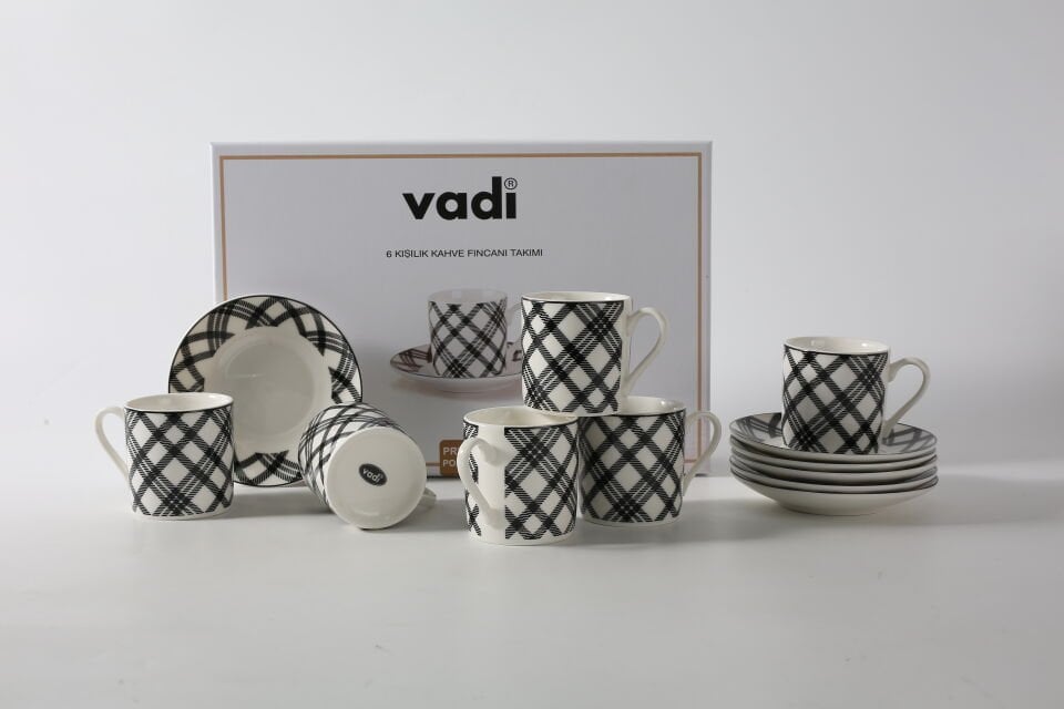 Oregon Siyah Beyaz Çizgili Porselen Kahve Fincanı Takımı 6 Kişilik