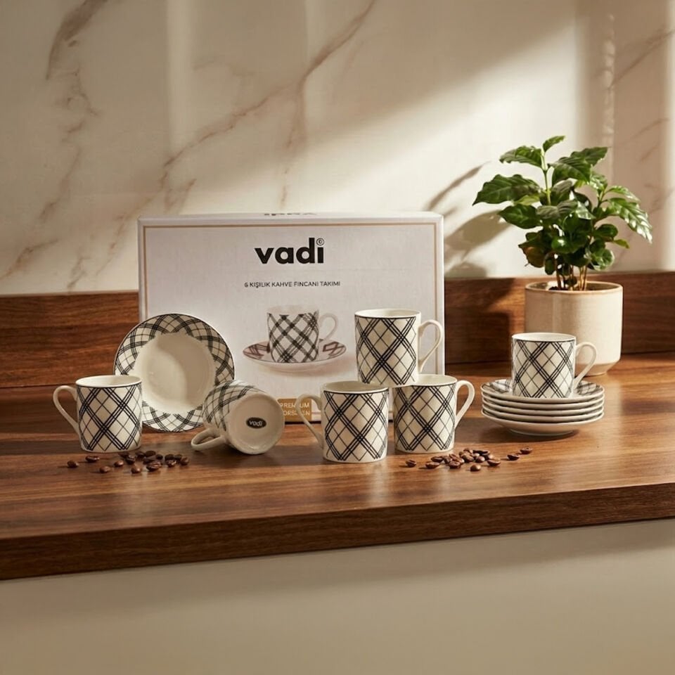 Oregon Siyah Beyaz Çizgili Porselen Kahve Fincanı Takımı 6 Kişilik