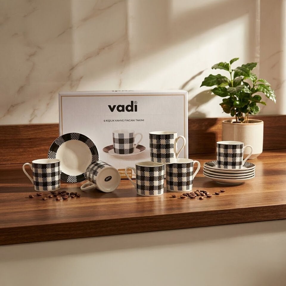 Oregon Siyah Beyaz Çizgili Porselen Kahve Fincanı Takımı 6 Kişilik