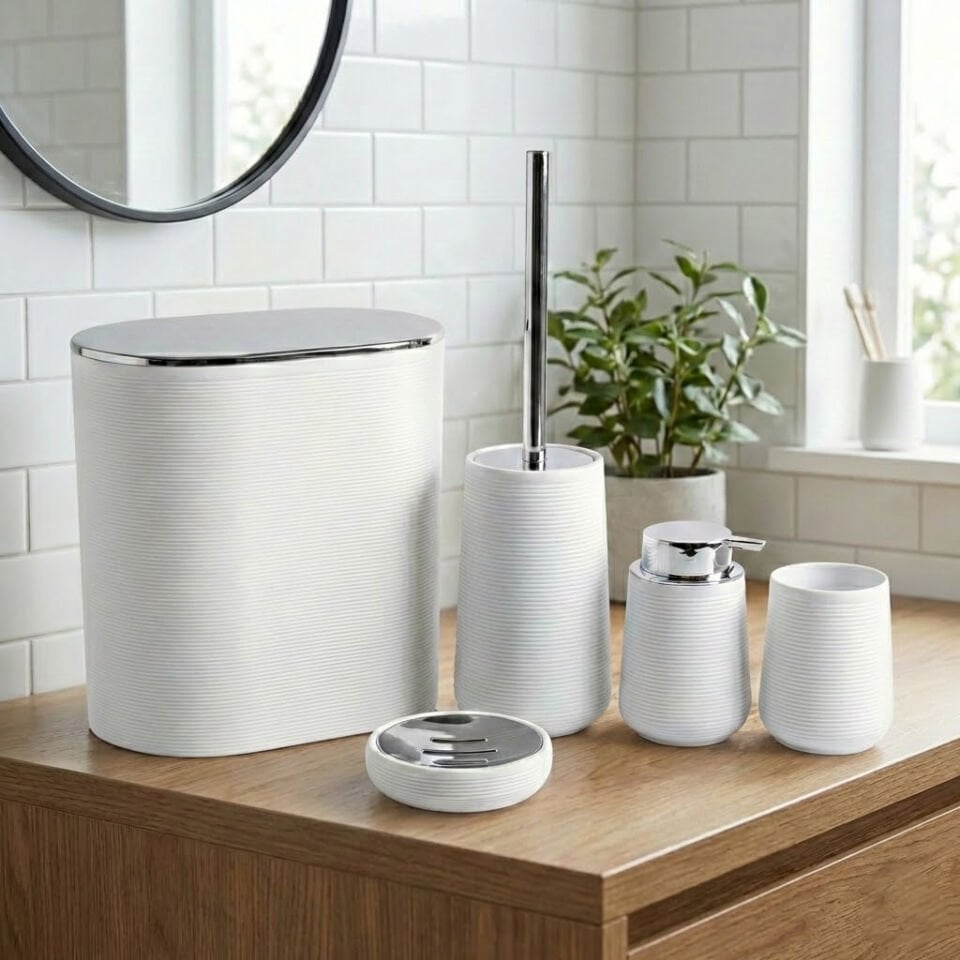 Modern Çizgili Banyo Aksesuar Seti 5 Parça Siyah