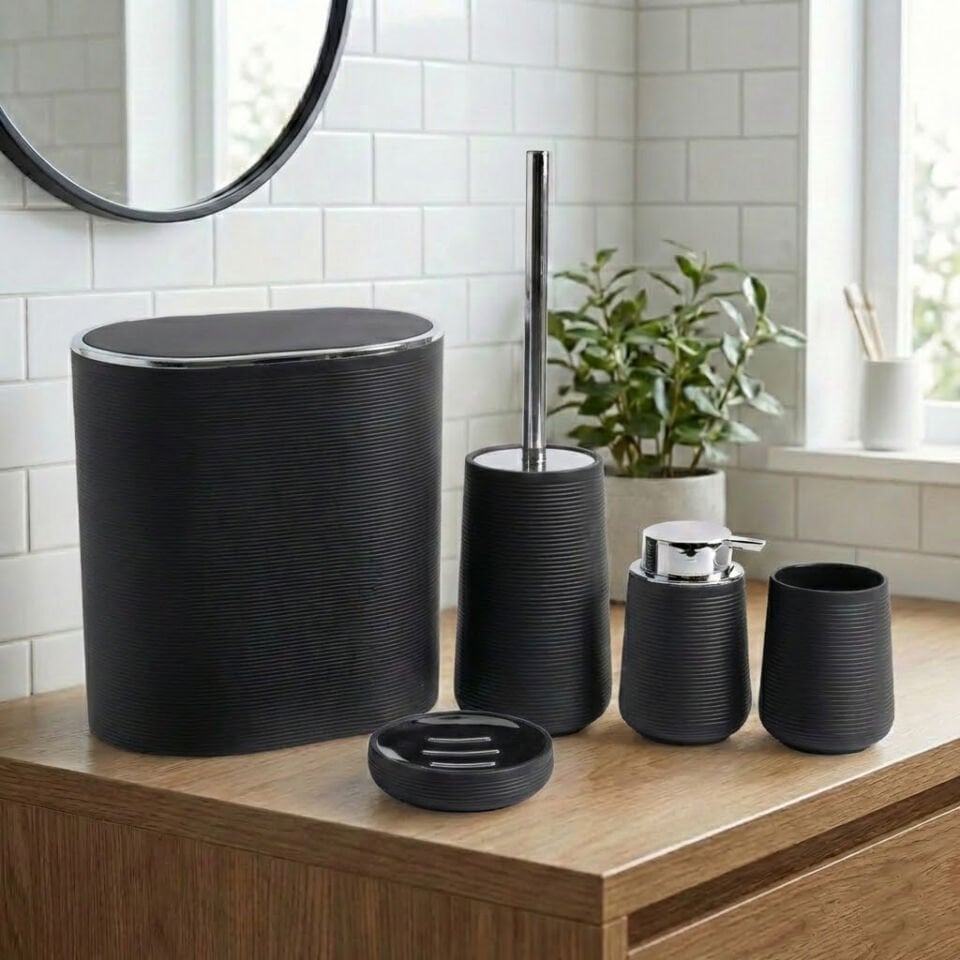 Modern Çizgili Banyo Aksesuar Seti 5 Parça Siyah