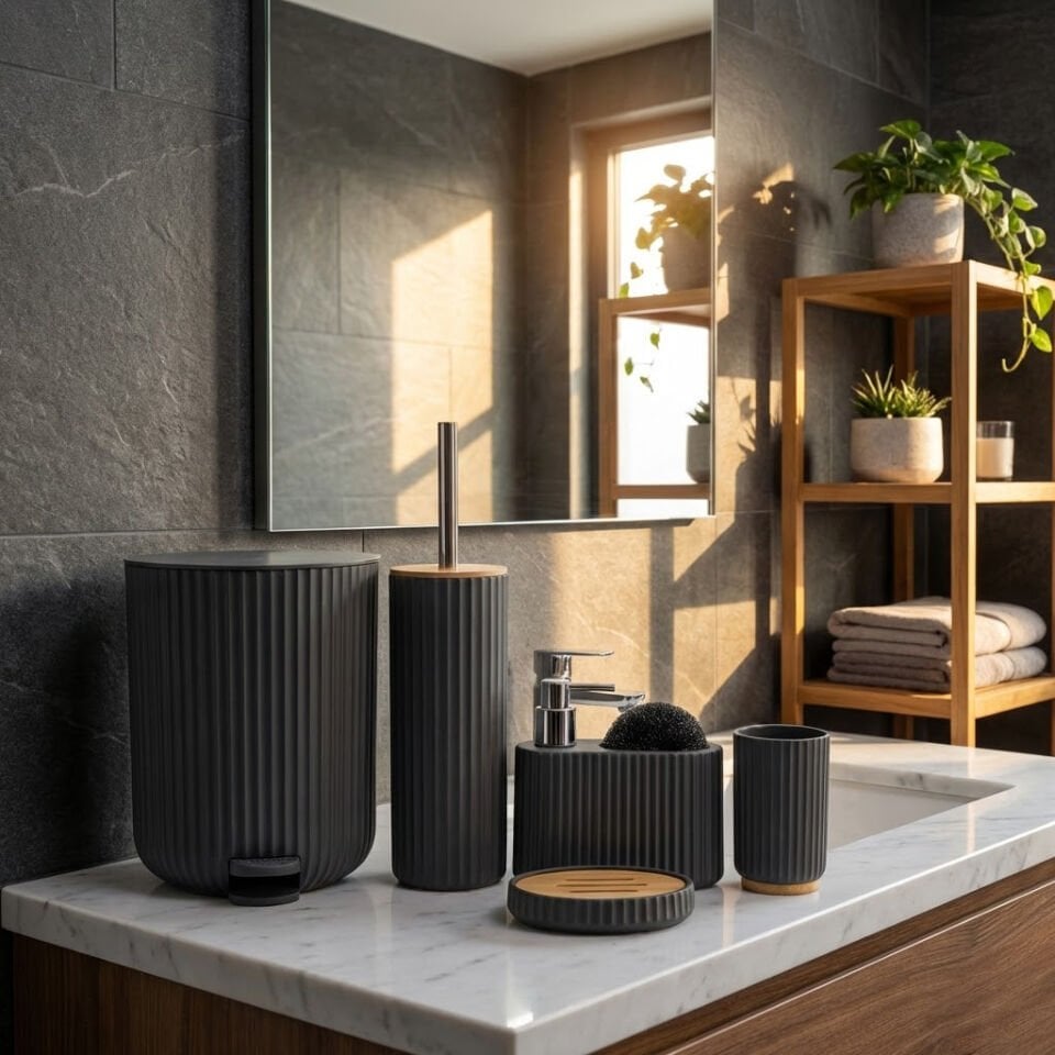 Modern Çizgili Banyo Aksesuar Seti 5 Parça Gri