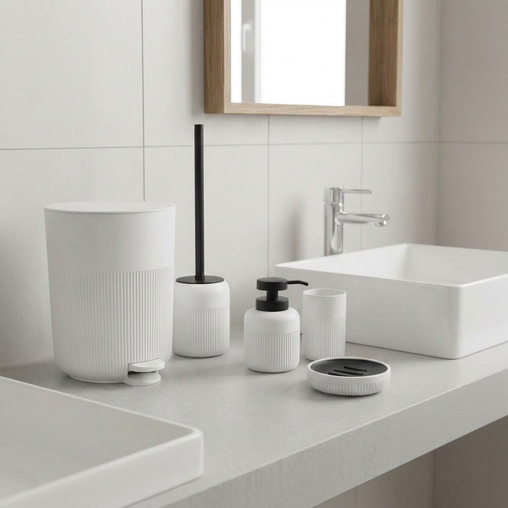 Olivia Modern Beyaz Akrilik Banyo Seti 5 Parça Gri