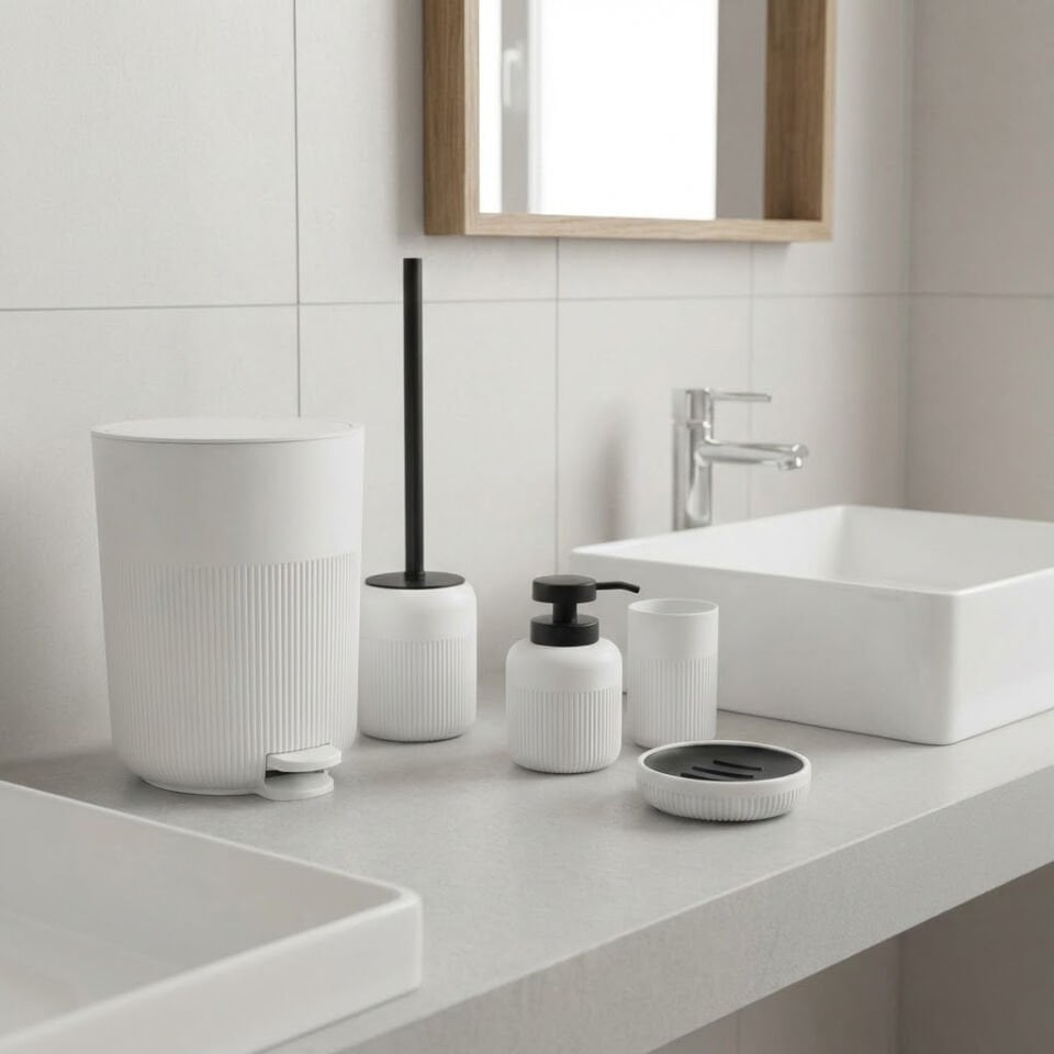 Olivia Modern Beyaz Akrilik Banyo Seti 5 Parça Siyah