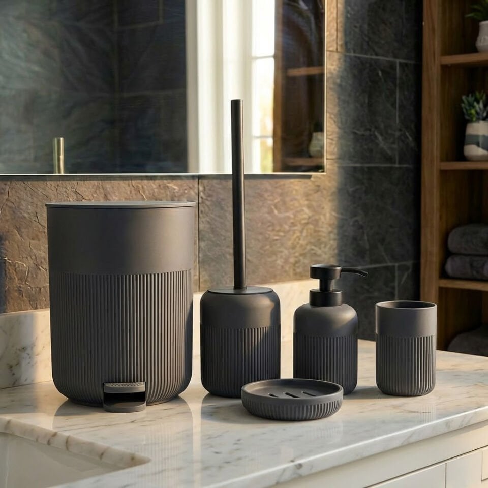 Olivia Modern Beyaz Akrilik Banyo Seti 5 Parça Siyah