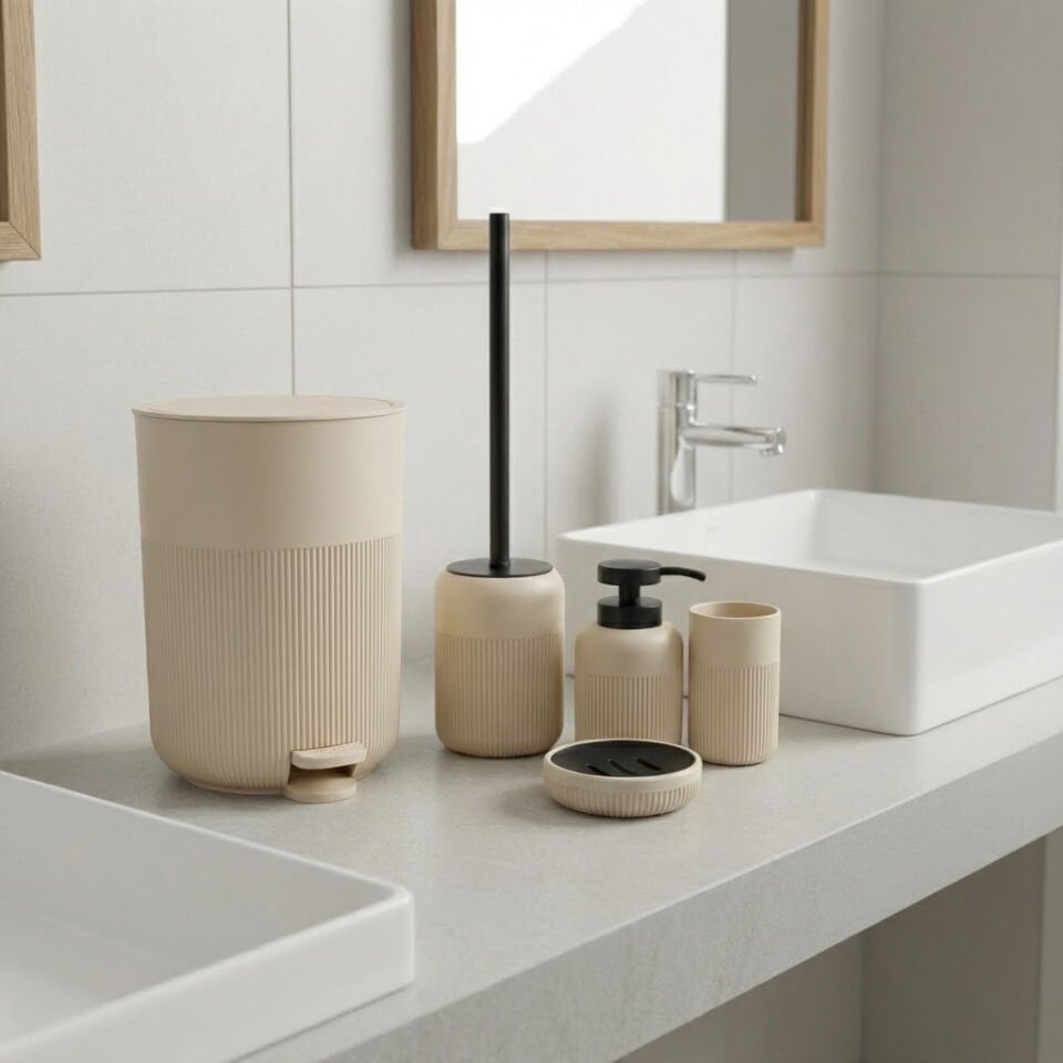 Olivia Modern Beyaz Akrilik Banyo Seti 5 Parça Siyah