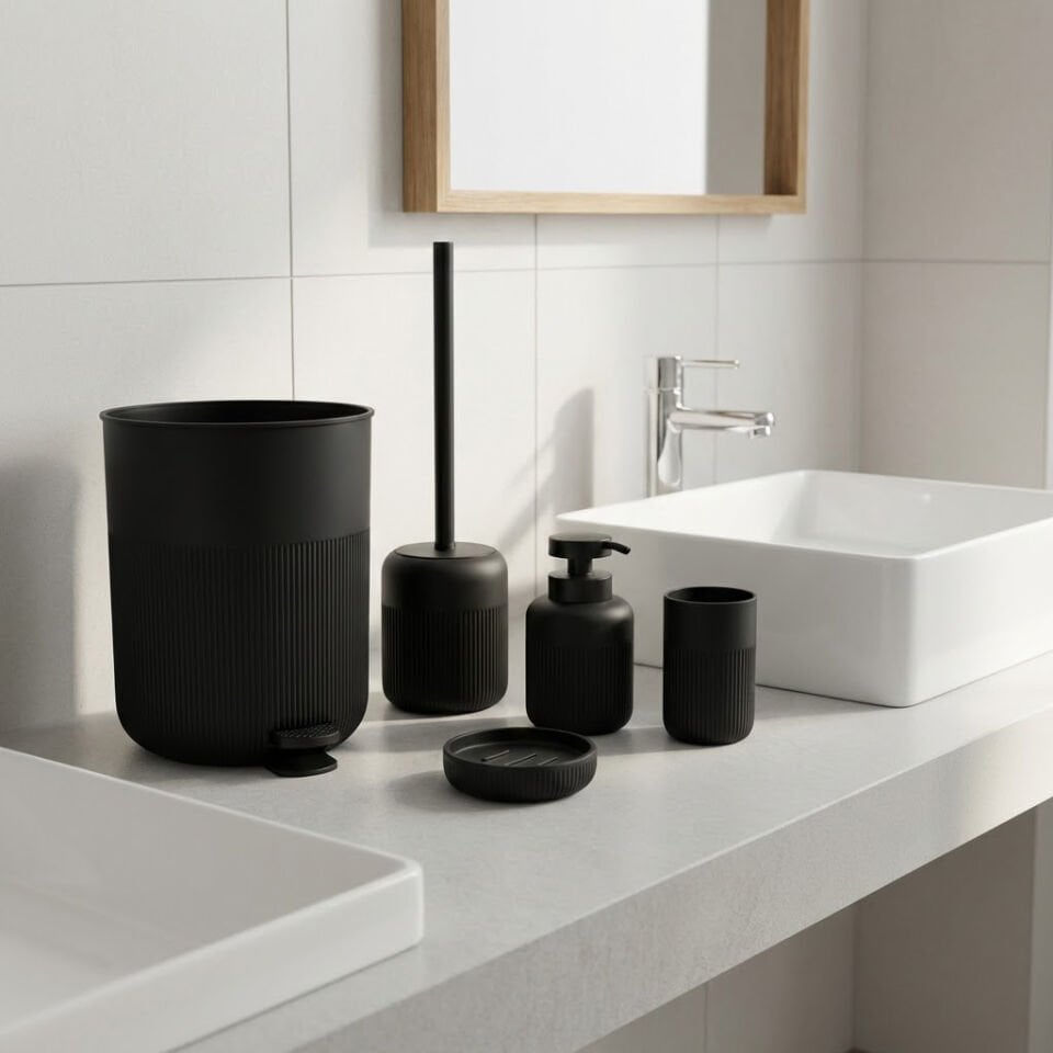 Olivia Modern Beyaz Akrilik Banyo Seti 5 Parça Siyah