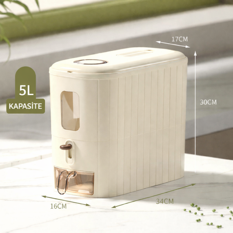 Pirinç ve Bakliyat Kovası 5 Litre Ölçekli Erzak Saklama Kabı Mutfak Düzenleyici